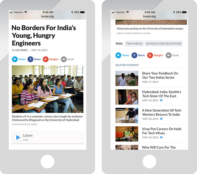 Example screenshot of a Core Publisher news site on a smartphone.